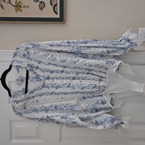 Free People Blue and White Lace Collar Blouse
